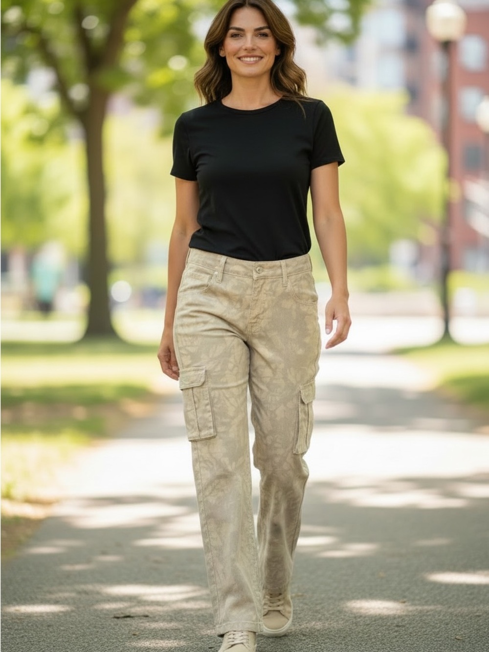 Refrain Los Angeles Wide Leg Cargo Jeans in Light Taupe luxe denim